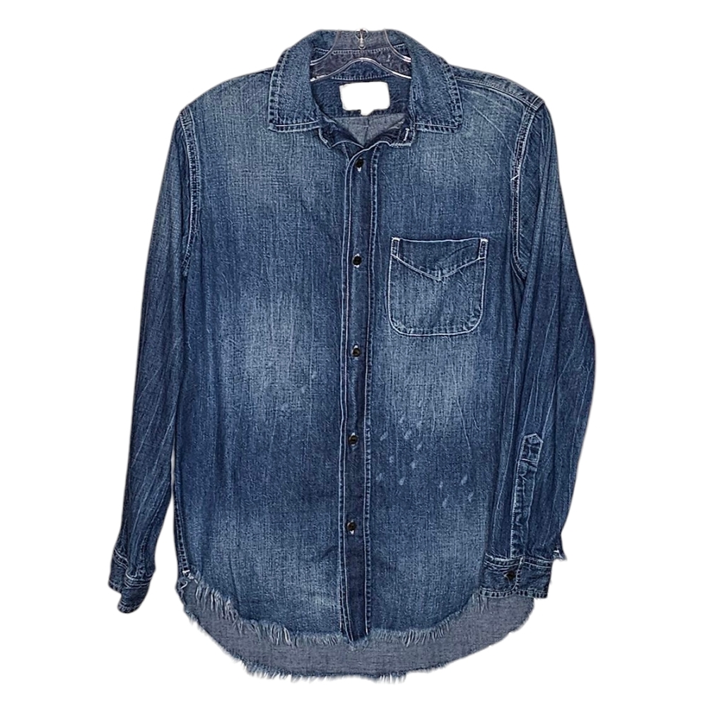 Current Elliot Prep School Blue Distressed Denim Shirt Frayed Hem size 0 or XS